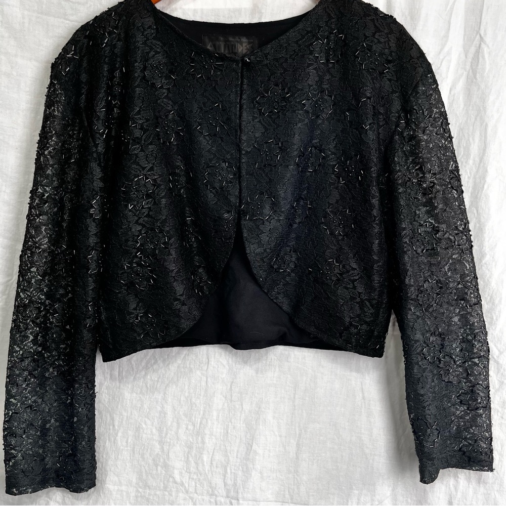 Attitudes by Debra Beaded Lace Bolero Jacket Black Floral Sheer Sleeves Fancy M